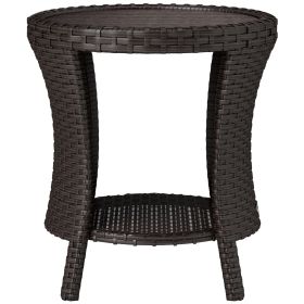 Outsunny 18" Wicker Outdoor Coffee Table, PE Rattan Patio Side Table with 2-Tier Storage, Composite Wood Top, Mixed Brown