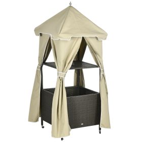 Outsunny Towel Valet Caddy Beige Rolling PE Rattan Wicker Storage on Wheels Covered Poolside Towel Holder with Shelf Basket