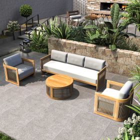 Direct Wicker 4-Piece Patio Conversation Set with Acacia Wood Frame & Beige Cushions