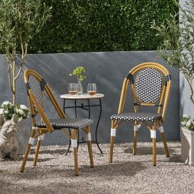 Outdoor PE Ratten and Aluminum French Bistro Chair, Set of 2, Black & White, Bamboo Print Finish (Color: as Pic)